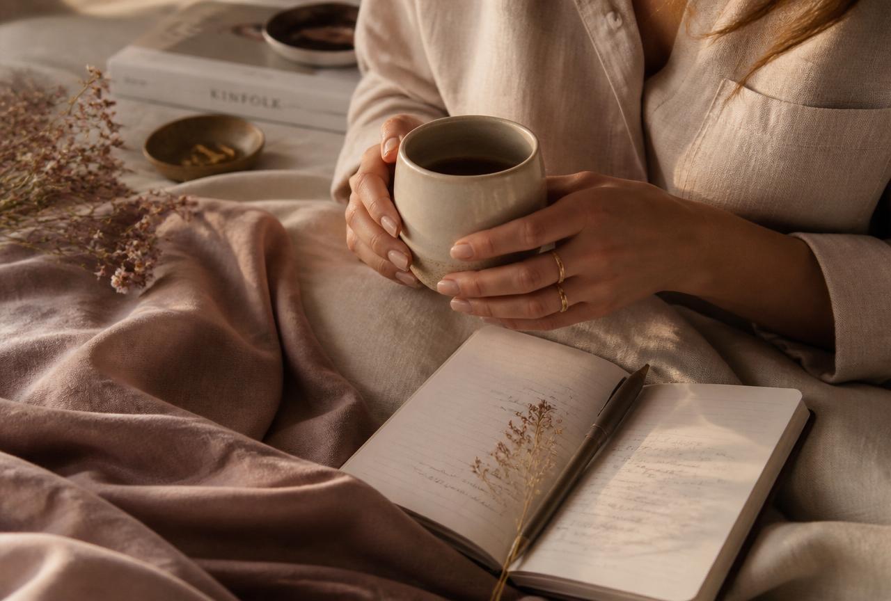 Manos sosteniendo una taza de cerámica junto a un cuaderno, con luz cálida